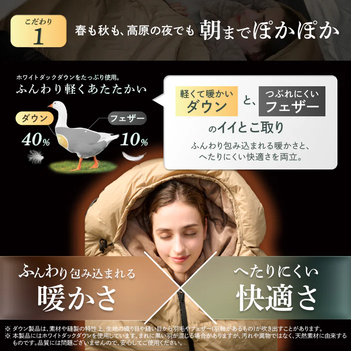 【外でも自宅級の寝心地を実現、1枚で通年快適】GOKUMINプレミアムダウンシュラフ - Image 8
