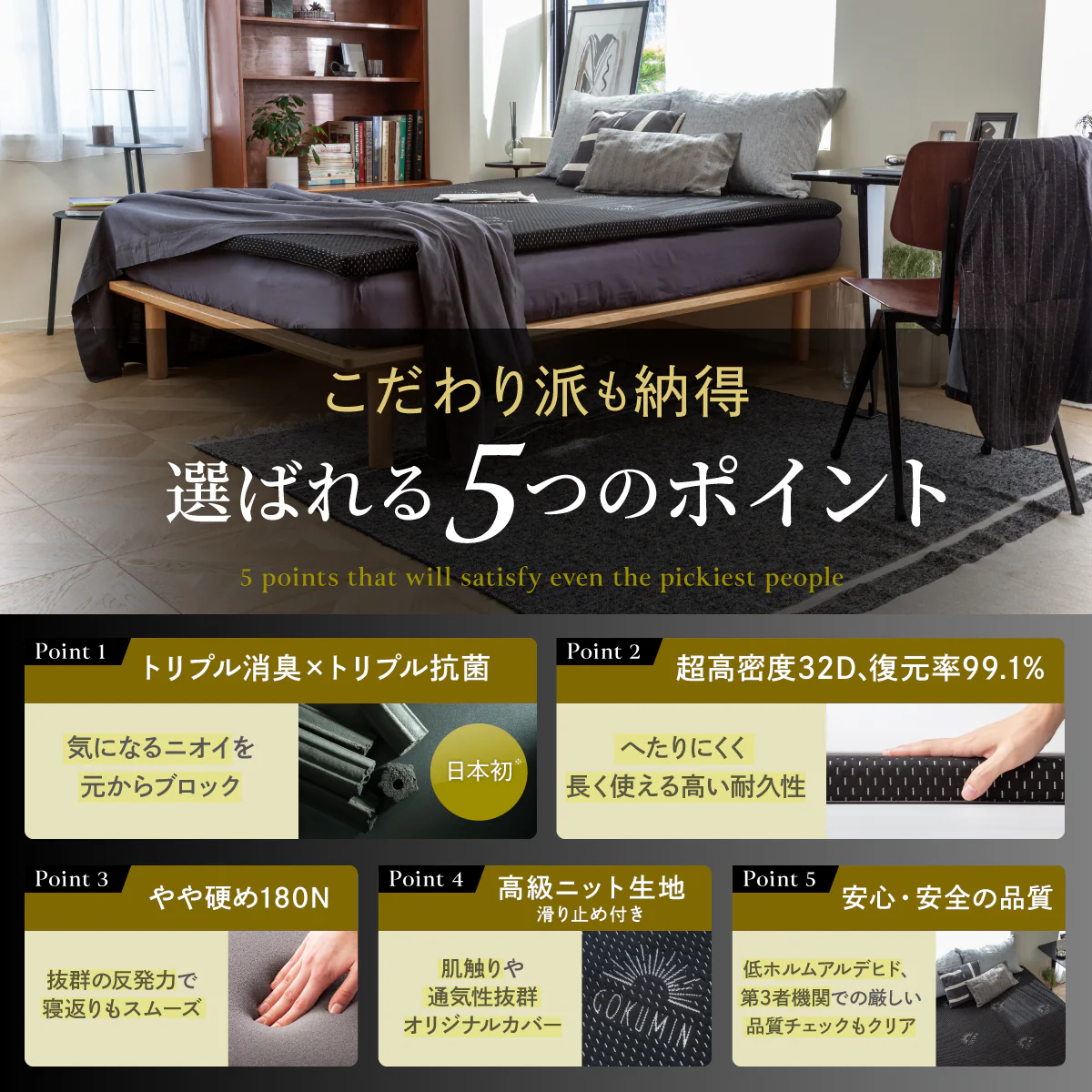 【厚さ5cm180Nやや硬め トリプル抗菌加工】高反発マットレス For Men - Image 4