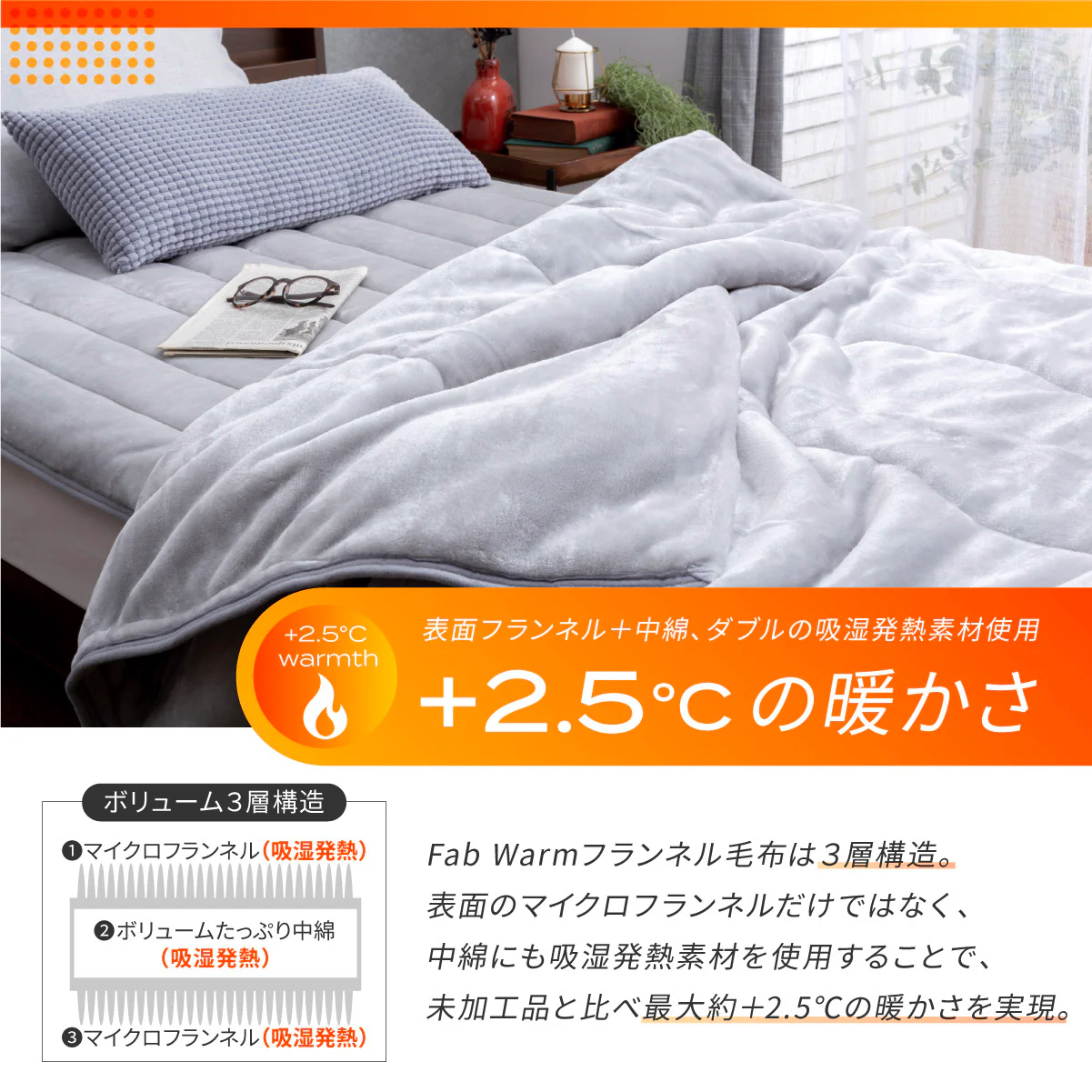 【吸湿して発熱する＋2.5℃の暖かさ 】Fab Warm フランネル毛布 - Image 6